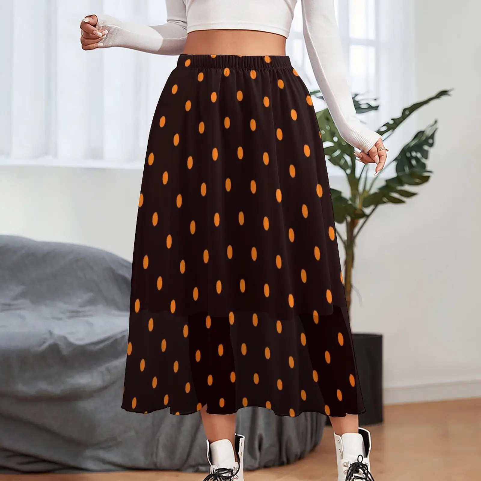 Polka Dots Print Skirt Orange and Black Beach Boho Skirts High Waist Custom Street Fashion A-line Skirt Big Size 3XL 4XL