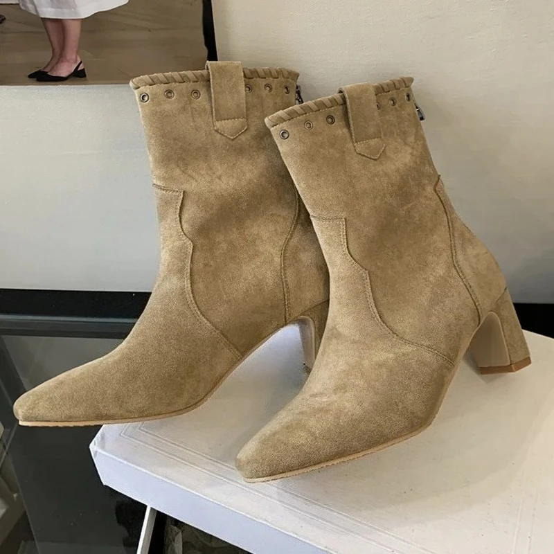 

Aneikeh/модные осенне-зимние женские ботильоны в стиле панк с круглым носком, лаконичные туфли на квадратном низком каблуке на молнии, женские короткие ботильоны