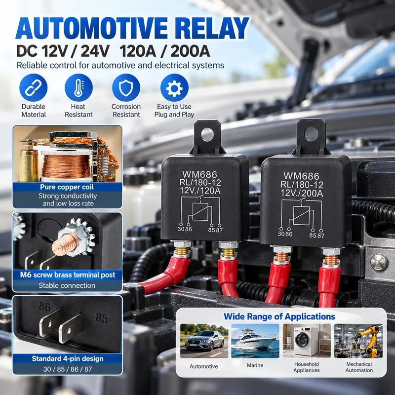 WM686 Car Relay 4 Pin Normally Open DC 12V 24V 100A 120A 200A Starter Relay Battery ON/OFF Split Charge Switch