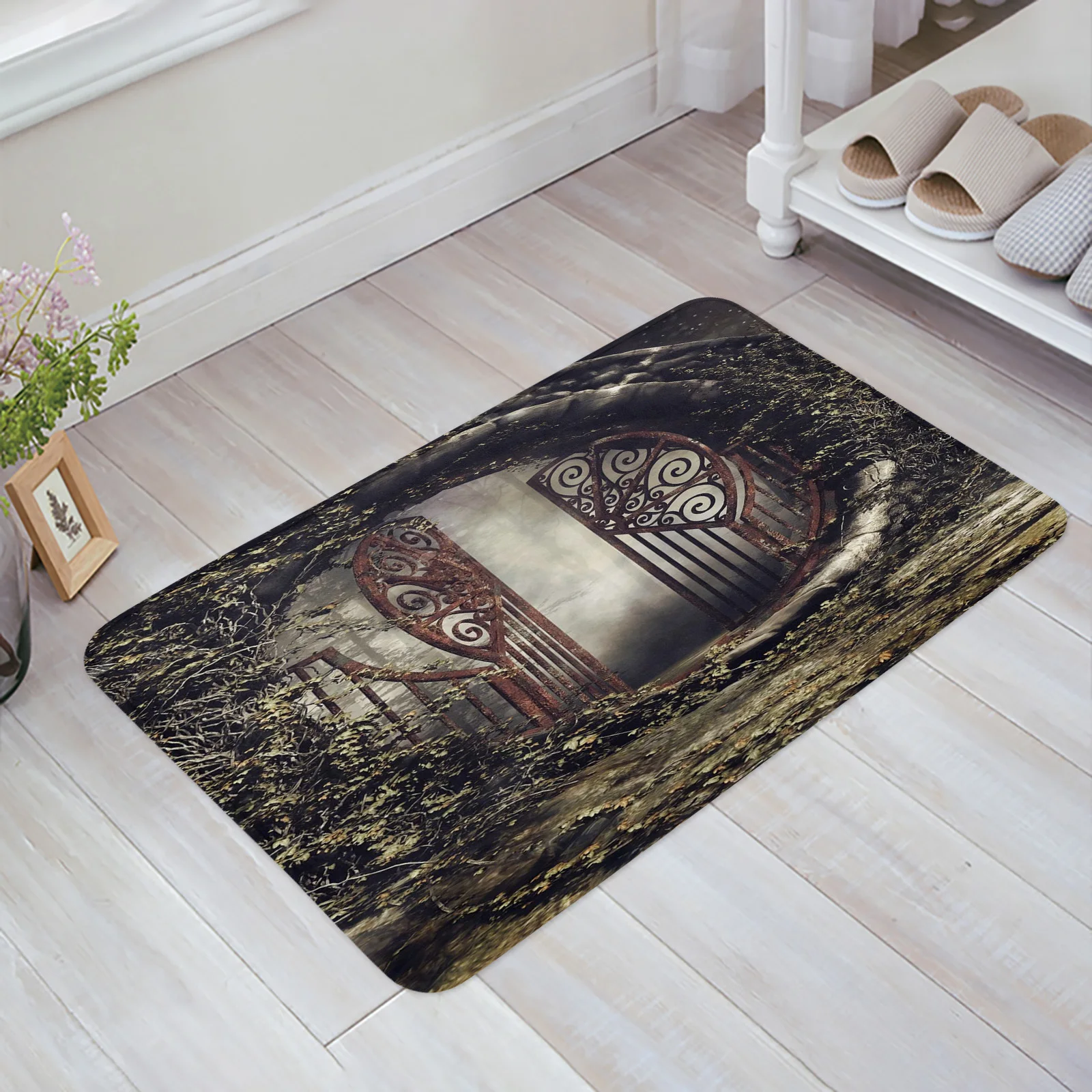 Iron Gate Round Rattan Woods Floor Mat Kitchen Bedroom Decor Carpet Home Hallway Entrance Doormat Bathroom Door Foot Rug