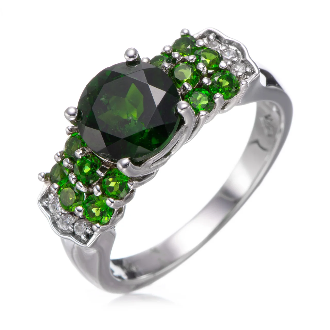 

8mm Chrome diopside and White Topaz Rhodium Over Sterling Silver Ring