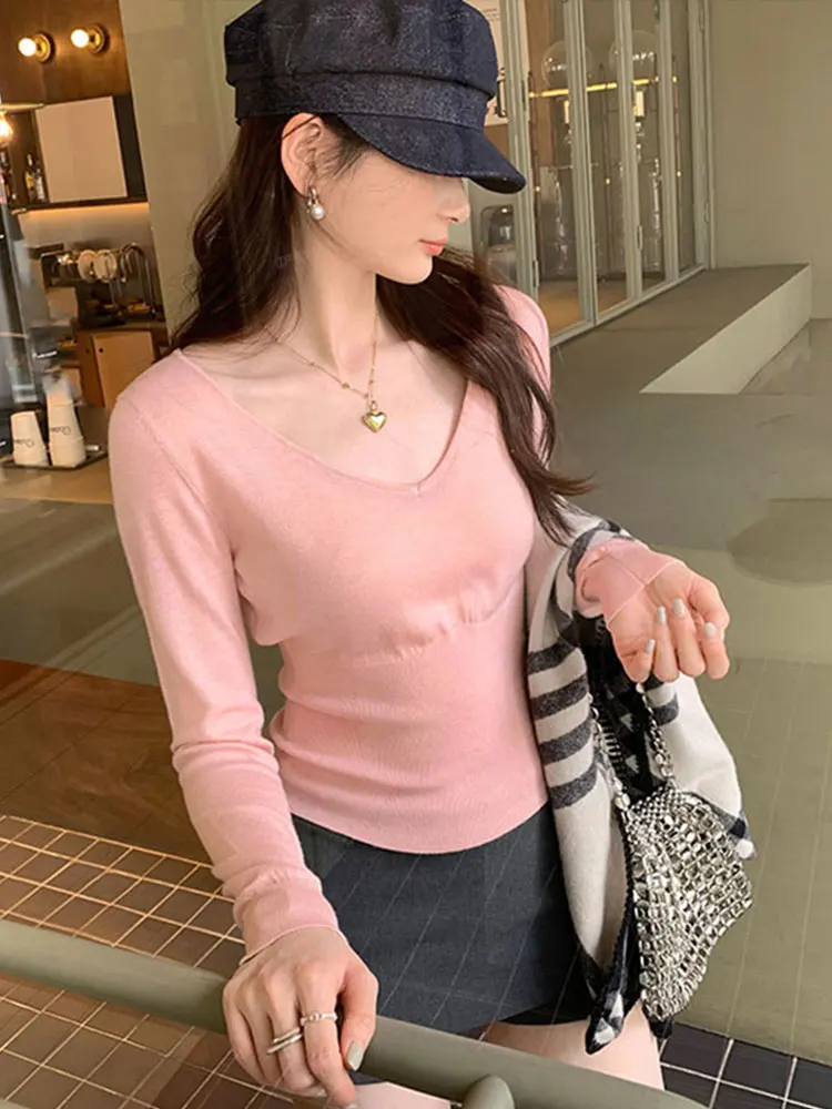 

Chic Korean Style Women's Knitted Base Shirt V-Neck Waist-Cinched Spring Initial Beautiful And Gentle Long Sleeve Top