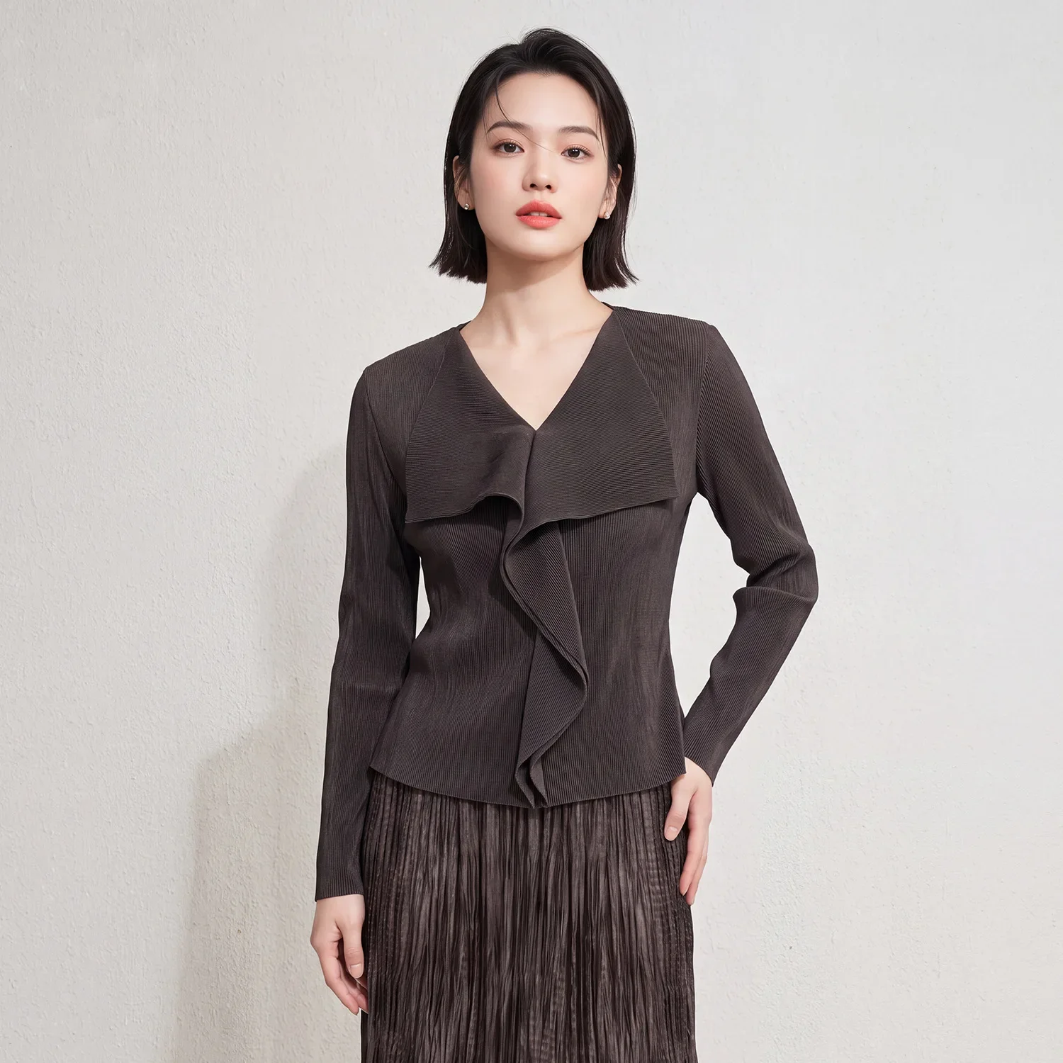 Miyake Women Pleated V-Neck Ruffle Blouse 2026 New Long Sleeve Slim Fit Vertical Pleat Top