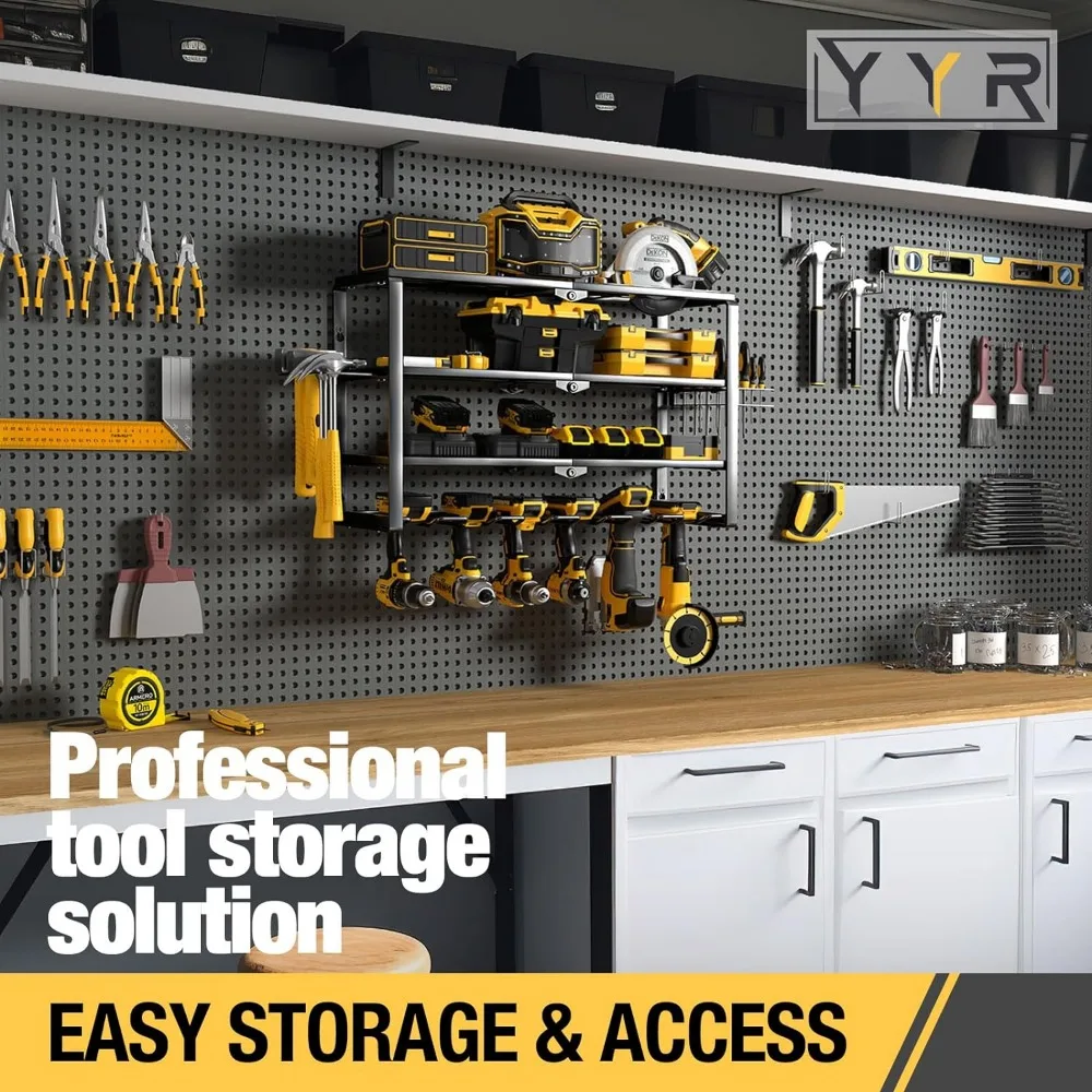 YYR-Wall Mount Power Tool Organizer, Cordless Broca Hanger, armazenamento Rack, Ferramentas Bateria Titular com Estação de carregamento, 4 Camadas