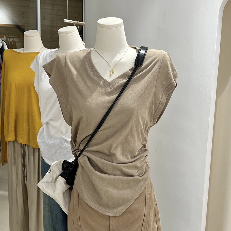 

Женская летняя футболка с V-образным вырезом и эффектом утяжки на талии, свободного кроя, с рукавами-воланами, из смесового хлопка и полиэстера, в корейском стиле, для повседневной носки