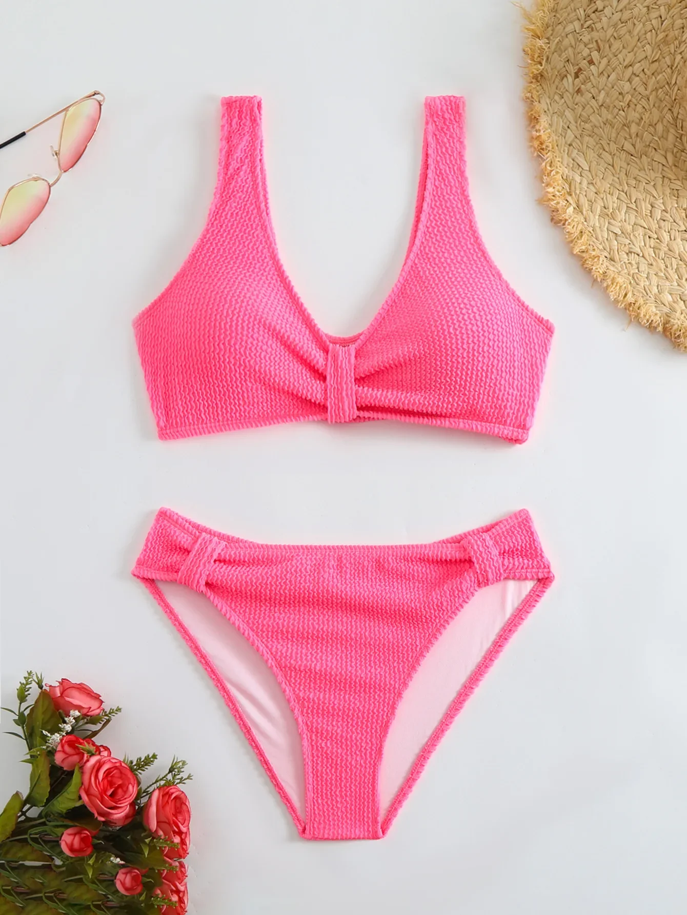 2025 Summer New Women's 2 Piece Swimsuit Solid Color High Waist Bikini Set V-neck Backless Beach Vacation Bathing Suit Swimwear