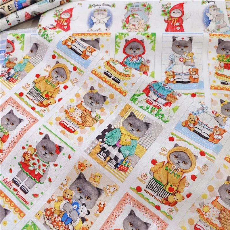 Cotton Tabby Cute Cat Fabric Per Meter Digital Print for Bag Handbag Book Cloth Hair Bands Pillows Shirt Handmade DIY Sewing