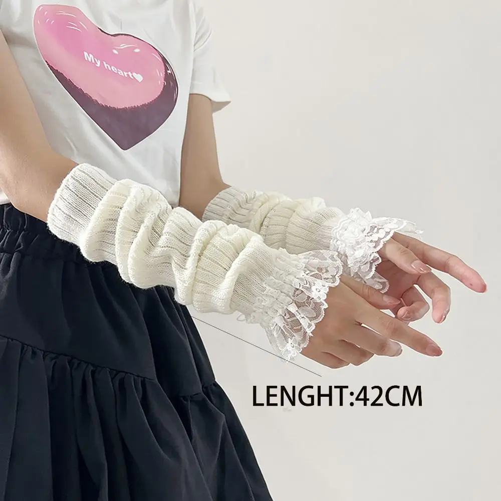 Casual Lace Women Long Wrist Gloves Long Knitted Arm Warmers Knitted Gloves Japanese Korean Style Arm Warm Gloves Student