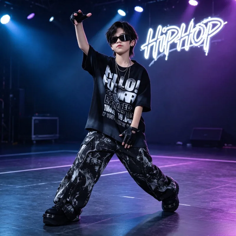 Kids Kpop Hip Hop Black Letters Sweatshirt, Casual Strap Print Cargo Pants, Boys Girls Street Dance Wear Costume Outfit Set