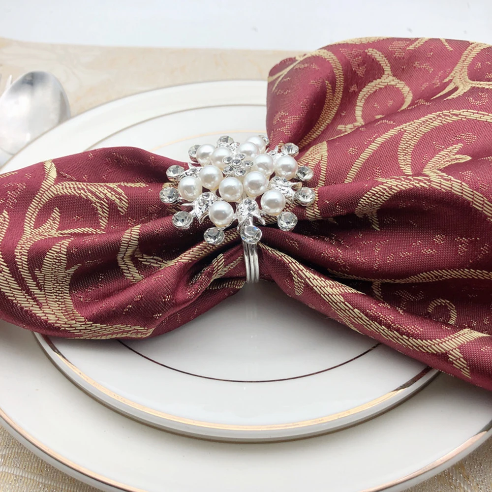 Christmas Napkin Rings Alloy Napkin Clasps with Pearl Rhinestones Bow Flower Napkin Buckle Home Wedding Party Dinner Xmas Decor