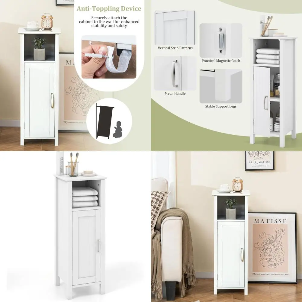 

Modern Single Door Bathroom Cabinet with Adjustable Shelf & Open Storage for Home Organization
