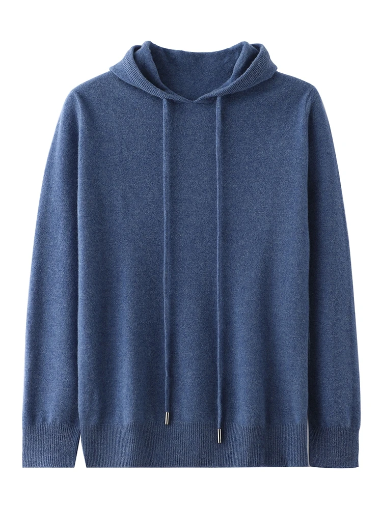 New Men's 100% Pure Wool Pullover Hooded Sweater Autumn Winter O-neck Soild Casual Loose Knit Basic Long Sleeve Tops High Qualit
