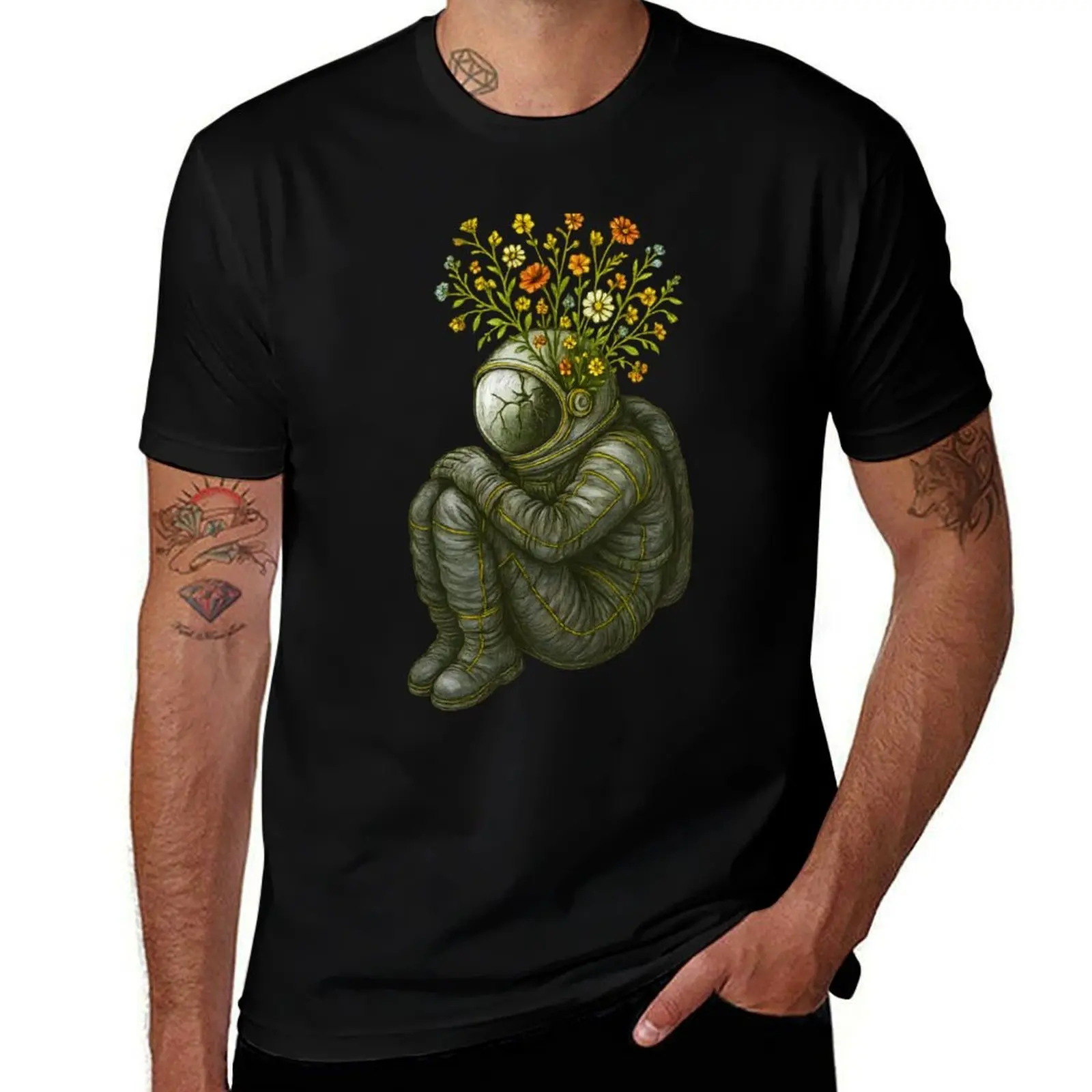 

Floral Astronaut Surreal Art – Cracked Helmet with Blooming Flowers Illustration T-Shirt plain man clothes mens designer t shirt