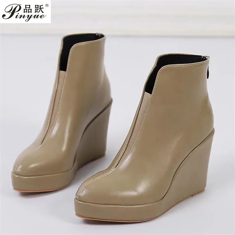 

Ботильоны из мягкой кожи 10 см, женская обувь на платформе, ботинки на танкетке на среднем каблуке, офисная обувь с молнией сзади, размеры 35–42