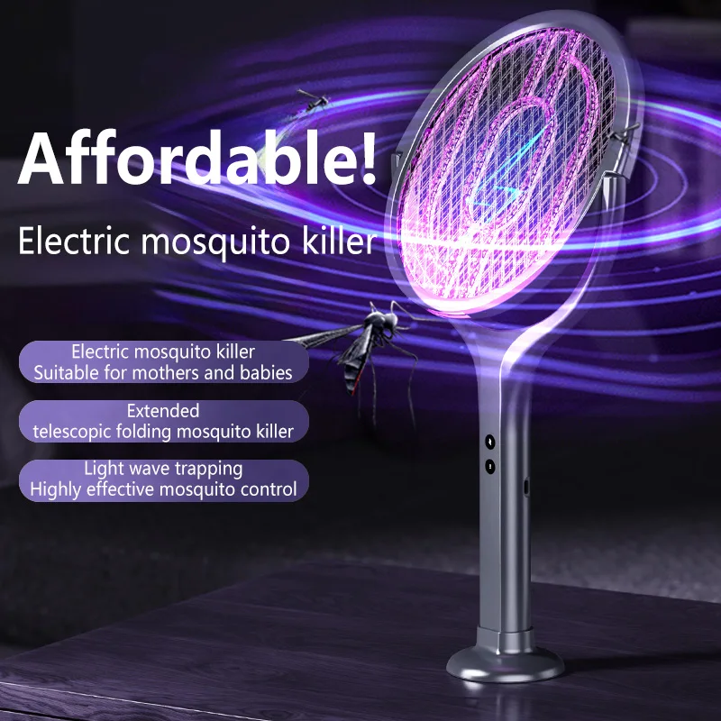 2-in-1 Retractable Electric Mosquito Racket Mosquito Lamp Automatic Mosquito Trap Physical Bug Zapper For Home Extendable Handle