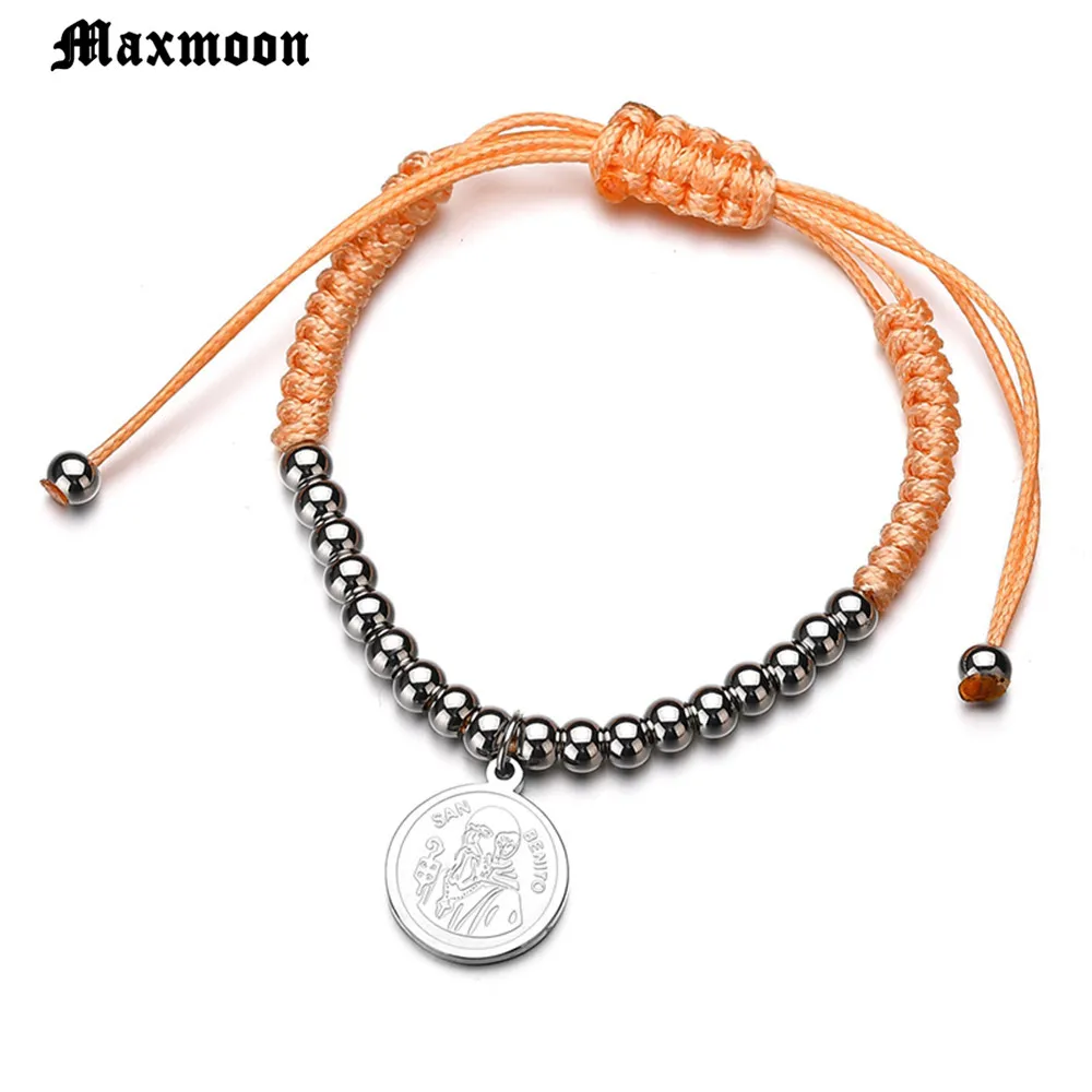 Maxmoon Hand-made Silver Color Tone Saint Benedict StainlessSteelBeads Adjustable Orange Cord Rosary Wrist Bracelet