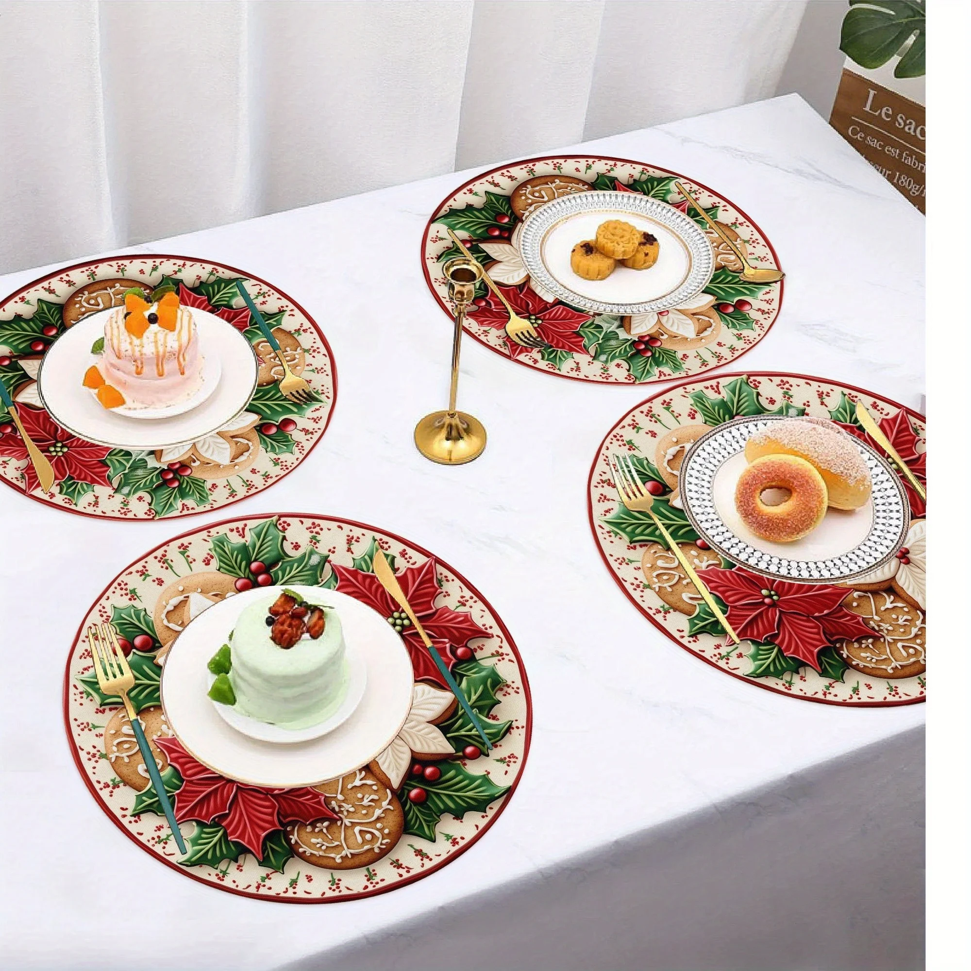 VIKAMA 4-Piece Christmas Poinsettia Dinner Placemat Set Holiday Gathering Home Dining Table Decor Accessories Warm Party Decor