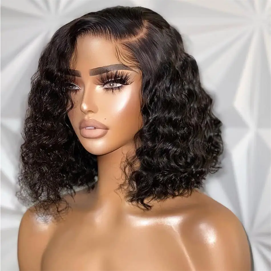 Deep Curly Side Part Lace Wig Short Bob Frontal Human Hair Wigs Kinky Curly Brazilian Remy PrePlucked 4x4 Closure 180 Density