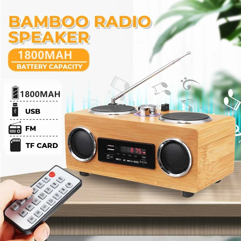 Portable Bamboo Wood Multifunction Radio Retro Deep Bass Wireless Bluetooth Speaker Subwoofer with TF USB 1800mAh Large Battery