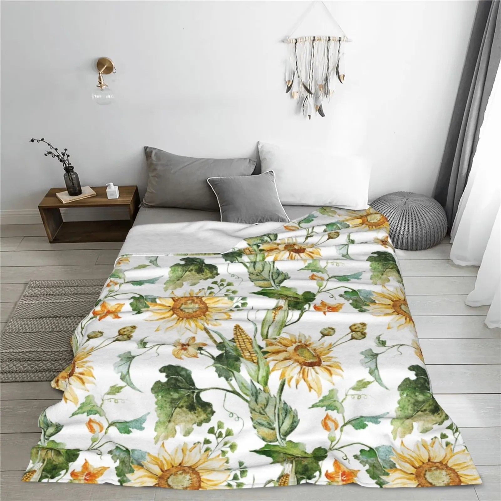Watercolor Sunflowers Corn Print Flannel Fleece Throw Blanket for Sofa Couch Bed