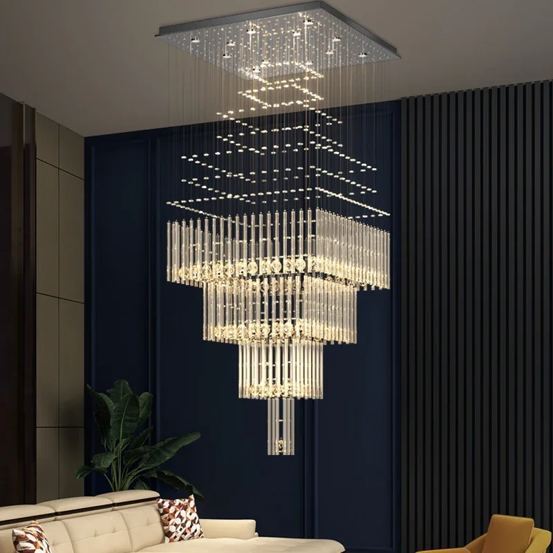 Luxury Large Foyer Chandelier Living Room Columnar Crystal Hanging Lamp Square Base Light Fixture Staircase Loft Cristal Lustre