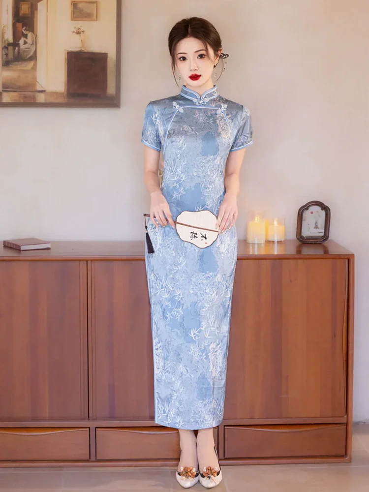 

Элегантное длинное платье Cheongsam в китайском стиле с принтом больших размеров, новинка 2023 года, летнее винтажное сексуальное платье Ципао с коротким рукавом для молодых женщин