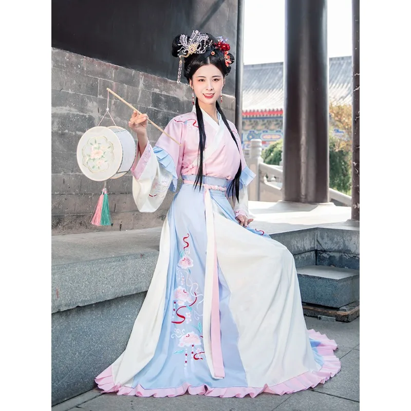 

2026 New Chinese Style Ming Hanfu Set Wide Sleeve Embroidery Chiffon Maxi Skirt For Travel Photography Performance