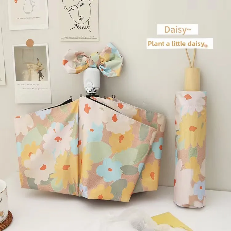 Paraguas Automático Negro con Protección Solar y Contra la Lluvia, Diseño de Margaritas para Mujer, Protección UV, Sombrilla para Uso Diario en el Hogar, Varilla de Fibra de Carbono