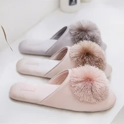 Women Satin Slippers House Elegant Tassel Hairball Comfortable Cloth Chic Ladies Flat Shoes Spring Luxury Champagne Women Slides