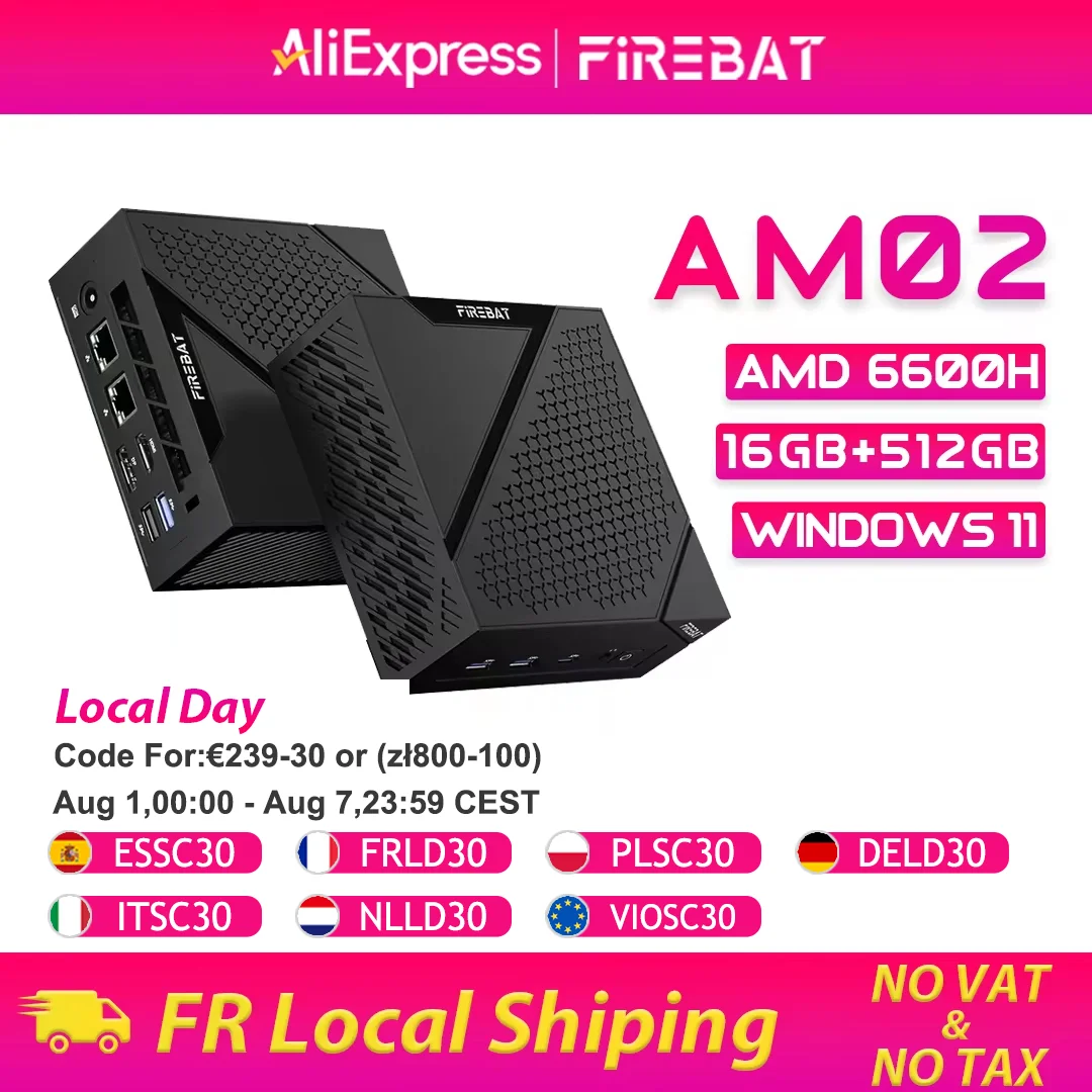 Mini PC FIREBAT AM02, AMD Ryzen 5 6600H, LP DDR5, 16GB RAM, 512GB SSD, Windows 11, Computadora de Escritorio Portátil, Puerto de Red, HDMI, WIFI6, BT5.2