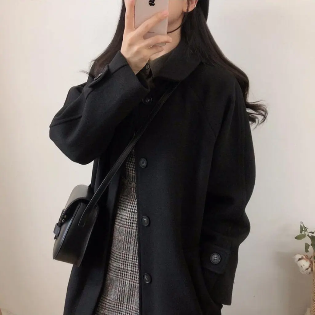 

Women's Korean-style Loose Mid-length Woolen Coat Autumn Winter Thick Outer Wear Trendy Hong Kong-style Small