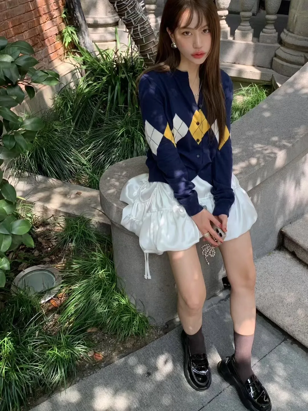 Maglione lavorato a maglia casual coreano Sle inizio autunno Cappotto cardigan aperto con motivo a rombi a contrasto di colore da donna