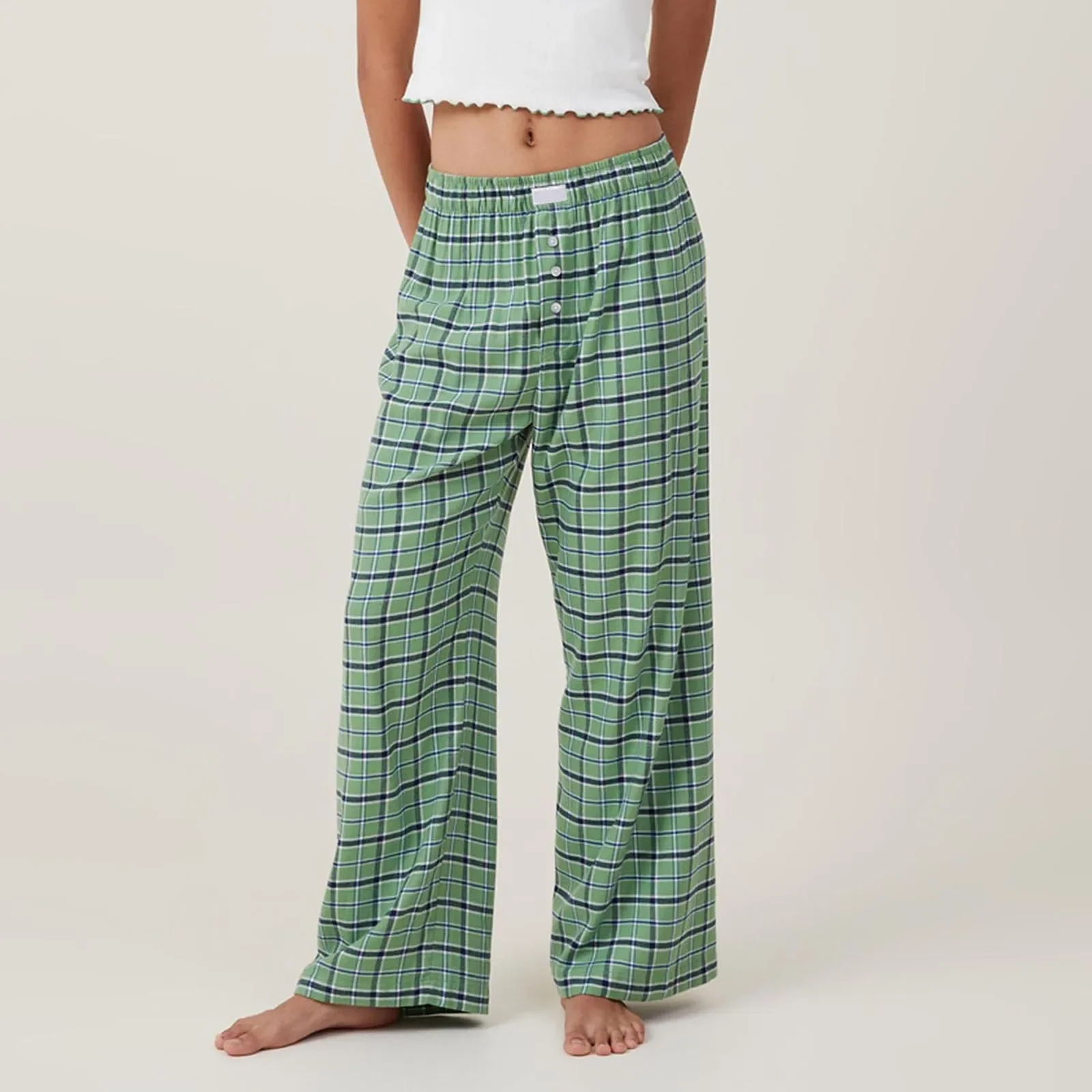 

Women Summer Leisure Baggy Pants Elastic Waist Button Wide Leg Plaid/Striped Pants