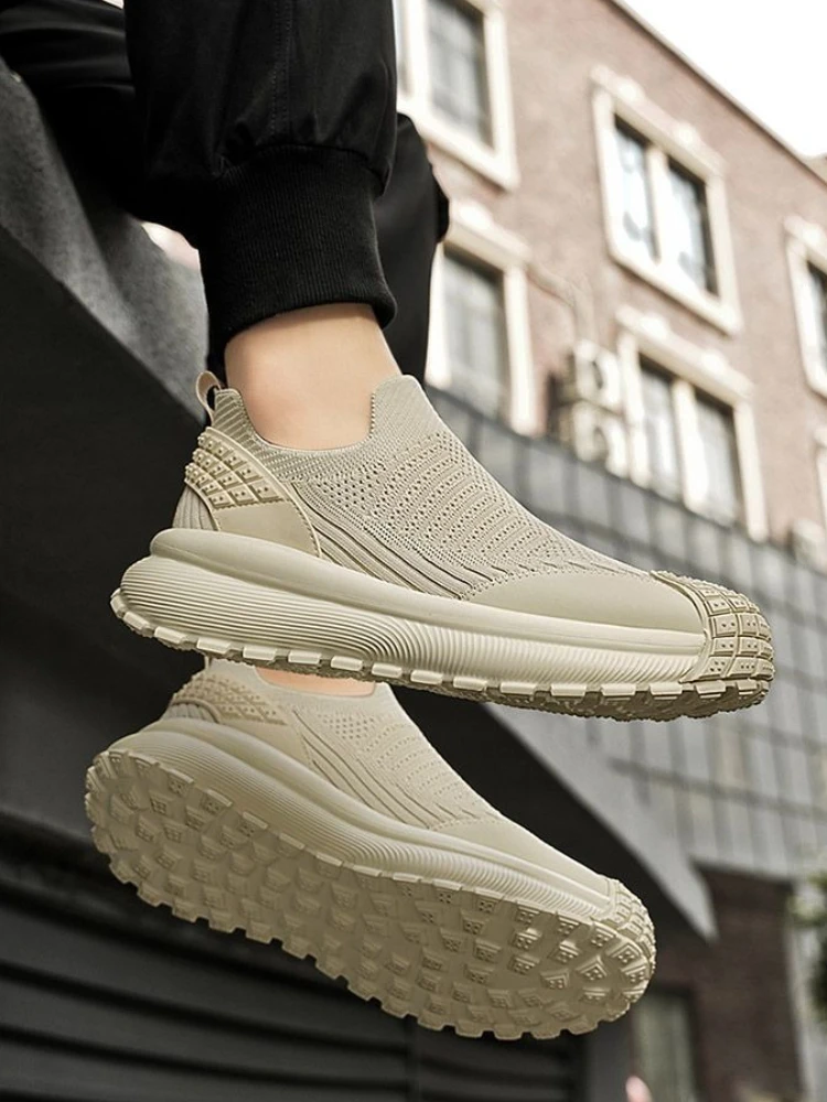

Вязаная мужская спортивная обувь, бежевая толстая платформа для ходьбы, низкая цена, оригинальные модные удобные мужские повседневные кроссовки для бега