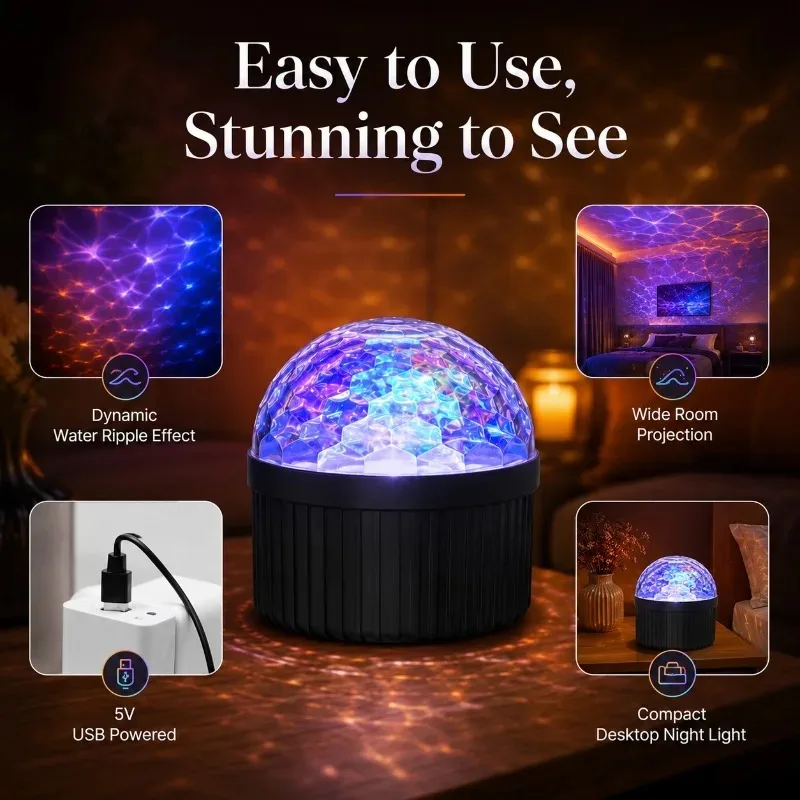 Water Wave Projector Lamp Star Moon Night Light Rotating Ocean Galaxy LED Mood Lamp for Bedroom Kids Party Home Projector Lamp