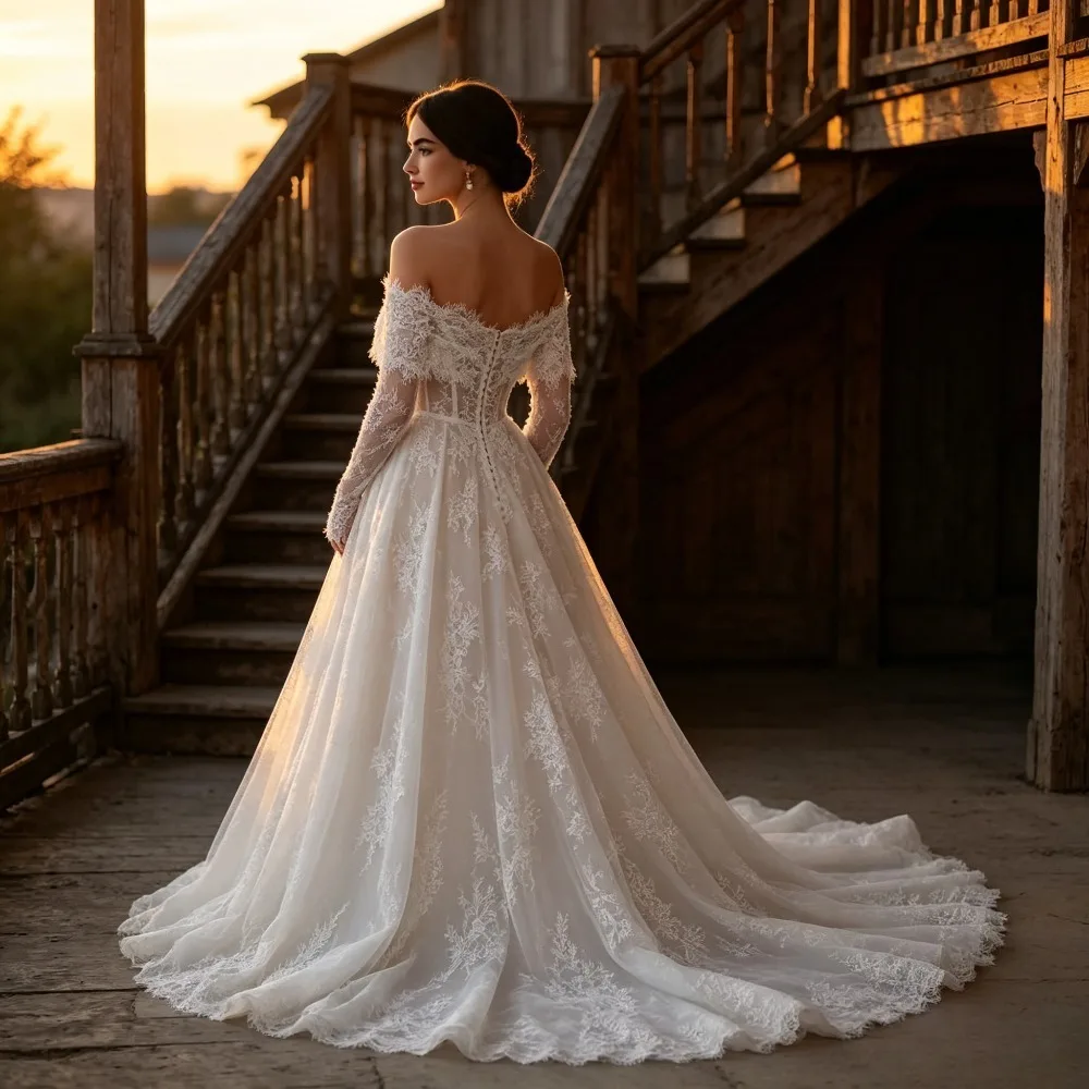 Customized Retro Off Shoulder Lace Wedding Dresses Long Sleeves Transparent Lace Sleeve A-line Elegant Bridal Gown Zipper Back