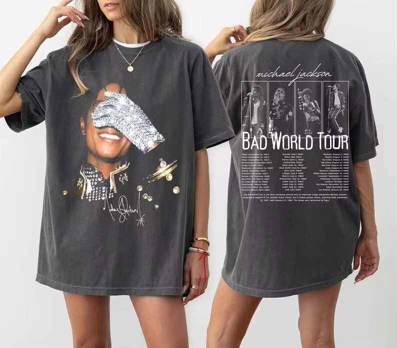 Summer Fashion Trendy Tee Men Women Vintage Top Michael Jackson Bad World Tour 1987 T-shirt King of Pop Unisex Fan Gift