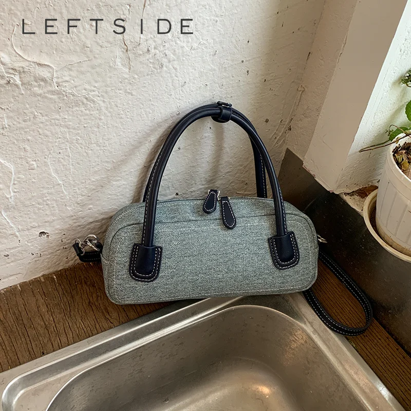 

Vintage Small Denim Contrast Leather Mini Boston Bag Women Casual Top Handle Handbag Removable Strap Crossbody Purse 2026 New
