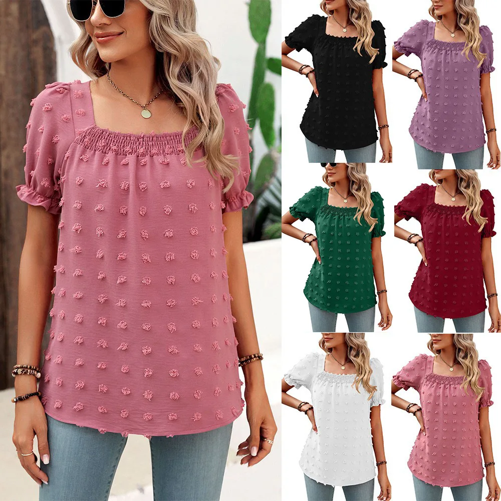 2024 New Women's Summer Blouse Chiffon Large Wool Ball Short Sleeved Shirt Square Neckline Pleated Shirt Female Casual T-shirt