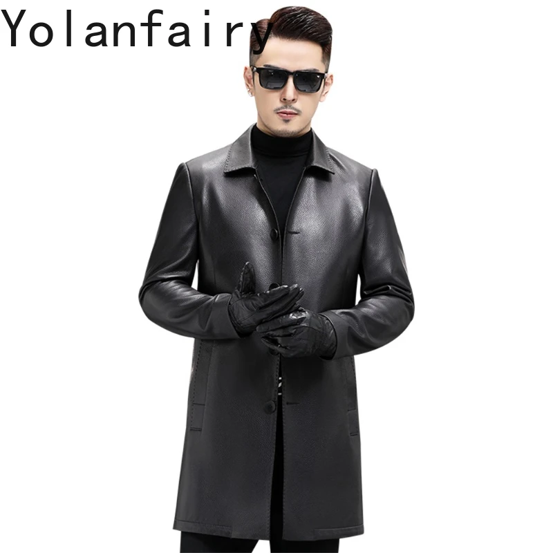 

YOLANFAIRY High-end Imported Deerskin Leather Jackets Man Autumn Winter Mid-long Windbreaker 100% Leather Coat Casaco Masculino