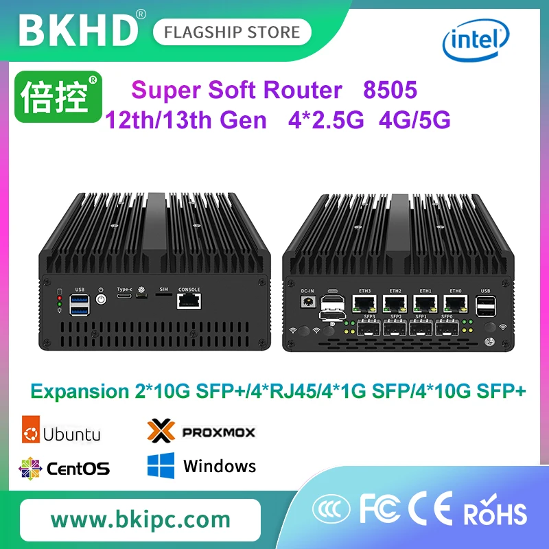 BKHD OEM كمبيوتر صغير 4 * 2.5G مع منافذ 4 * 10G SFP 2 * M.2 PCIE يدعم Intel 8505 I3 I5 I7 12th 13th Gen WIFI BL 4G 5G Mikrotik Pfsense #1