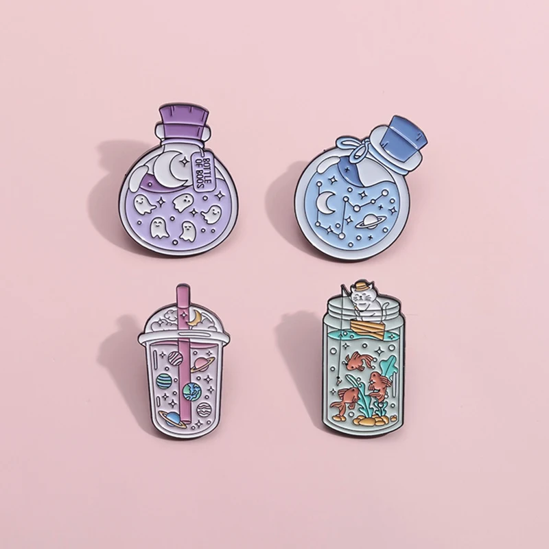 Cartoon Aerospace Space Series Enamel Brooch Cute Drift Bottle Milk Tea Ghost Metal Badge Lapel Pins Jewelry Gifts For Friends