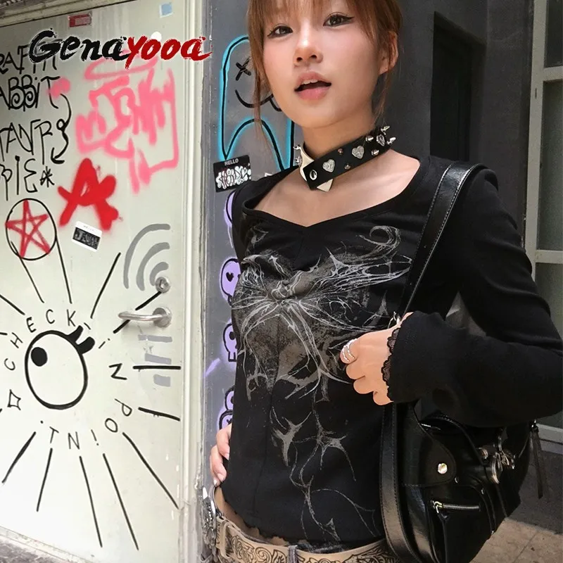 Genayooa Y2k Vintage T Shirt Women Long Sleeve Graffiti Print Tshirts Aesthetic Grunge Tops Streetwear E-girls Tee Tops 2000s