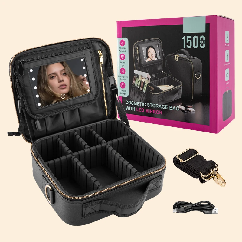 10 LED Portable Makeup Mirror - 1500mAh Rechargeable, 6000K Daylight, ABS Glass & Waterproof (Black)