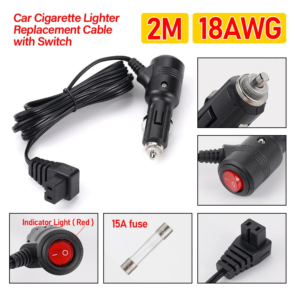 12V-24V Car Refrigerator Warmer Extension Power Cable 2m Car Fridge Cigarette Lighter Adapter Cooler Charger Replacement Line