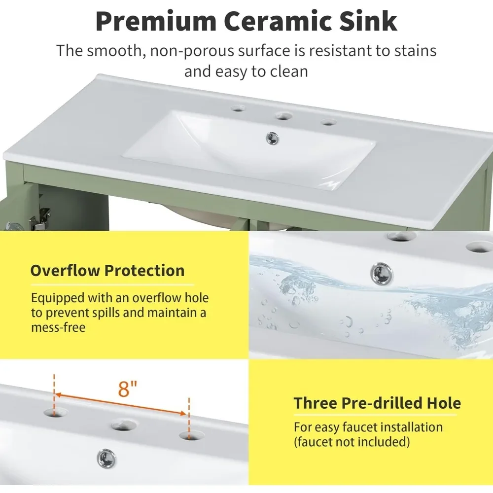 Vaidade de banheiro de 36" com combinação de pia, armário de armazenamento de banheiro independente, vaidade verde com 3 gavetas e portas de vidro