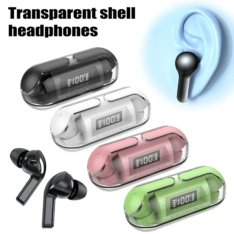 True Wireless Bluetooth Earphones in-ear Transparent Case with LED Display Mini Bluetooth-Compatible 5.3 Earphones with Mic