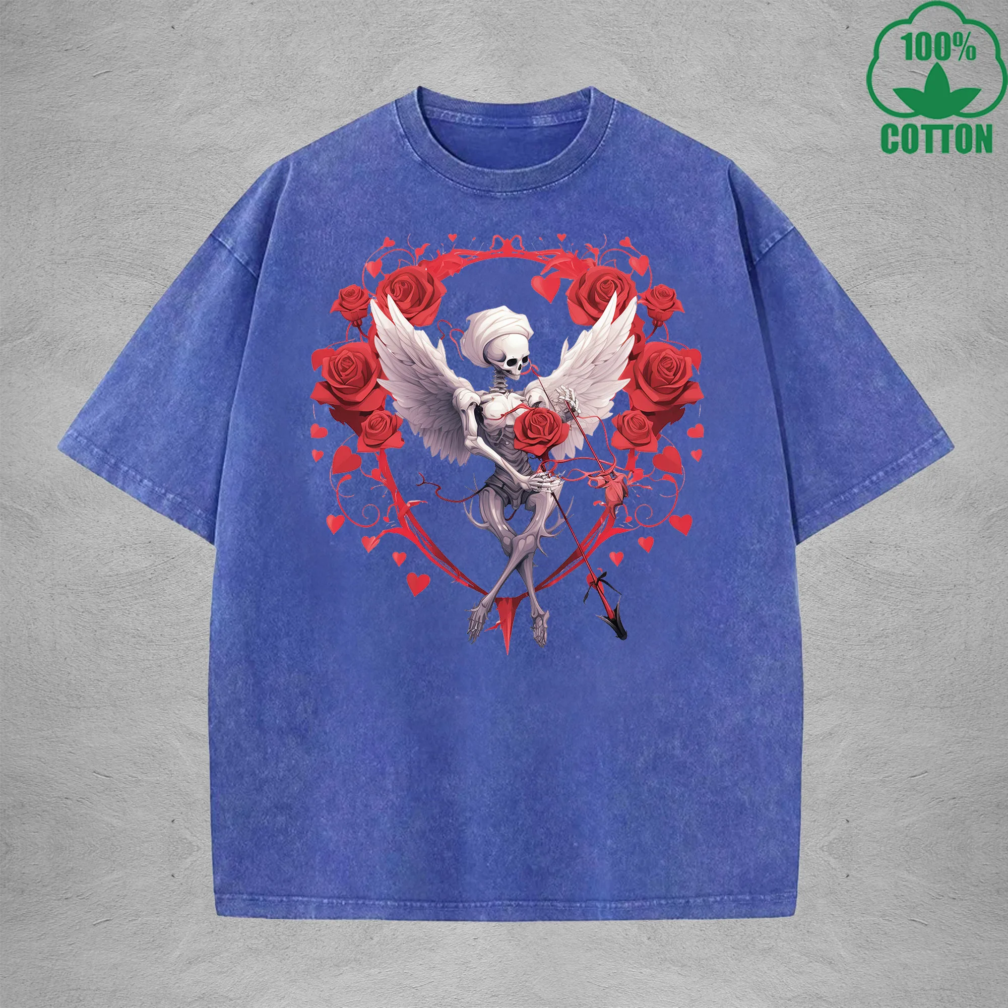 Rose Skeleton Printed Washed T-Shirt 230G Multicolor Minimalist Loose Trendy Fashionable Cotton Short Sleeve Top