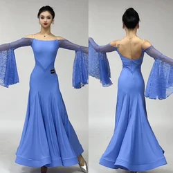 2025 Waltz Ballroom Dance Dress Blue Mesh Long Sleeves Dresses Adult Prom Competition Dress Practice Clothes Stage Wear BL14740