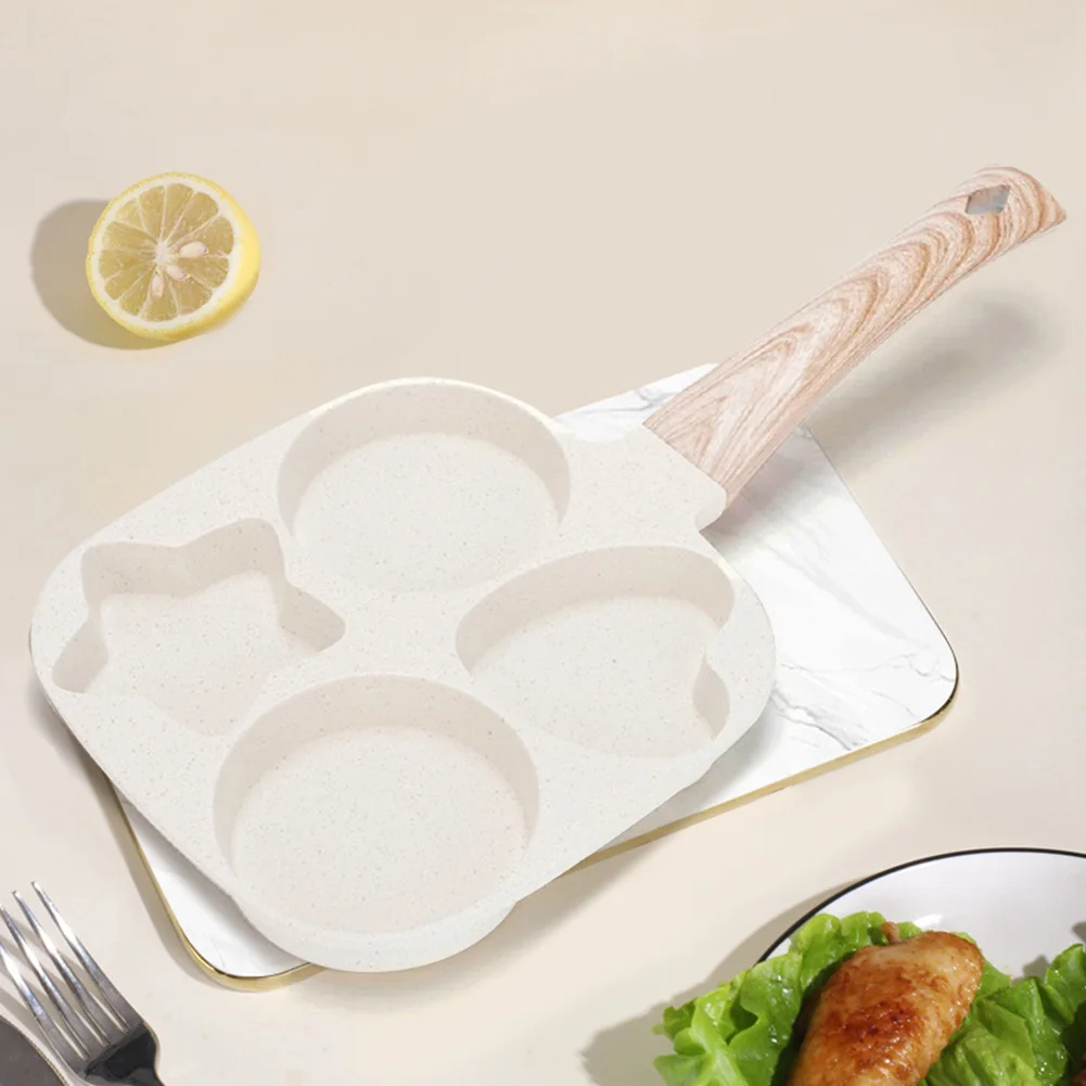 4 حفرة مقلاة غير لاصقة الإفطار برغر البيض فطيرة صانع مقبض خشبي الحجر الطبي أربعة حفرة عجة عموم #3